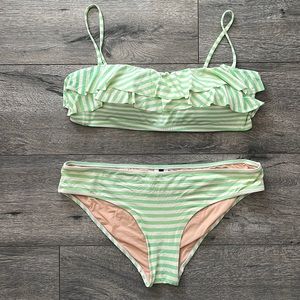 J Crew Ruffle Bandeau Bikini Swim Swimsuit Medium M Green White Striped